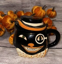 Transpac Halloween Cat with Lid Mug Collectibles/ New Winking Eye Spooky