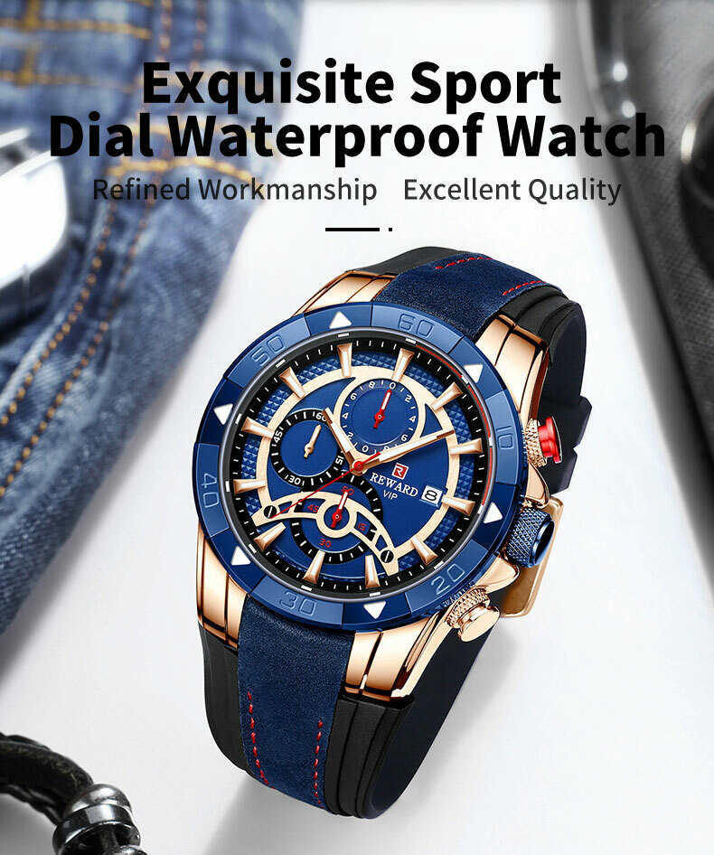 Montre Business Masculine pour Réunion et Bureau Cadran Doré et Bracelet Bleu