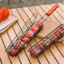 Outdoor Wooden Handle Barbecue Cage Camping Meat and Vegetable Barbecue Net New