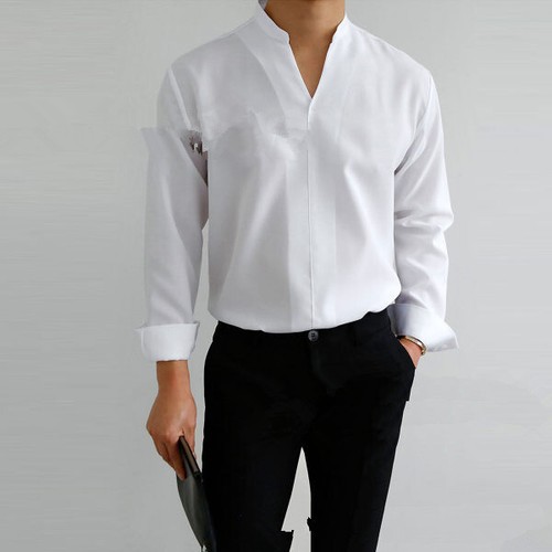 Men Casual Business Solid V Neck T Shirt Blouse Long Sleeve Stand Collar Tops - Foto 10 di 20