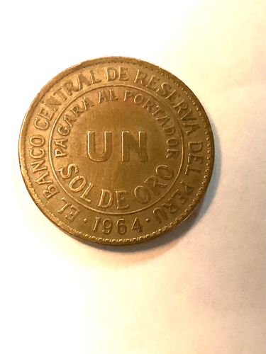 1964 Peru 1 Un Sol De Oro Coin Large Brass Free Shipping