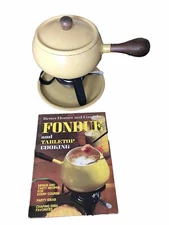 Vintage Fondue Pot Set Yellow Enamel 1960's Metal Stand, Burner, Tray Cookbook