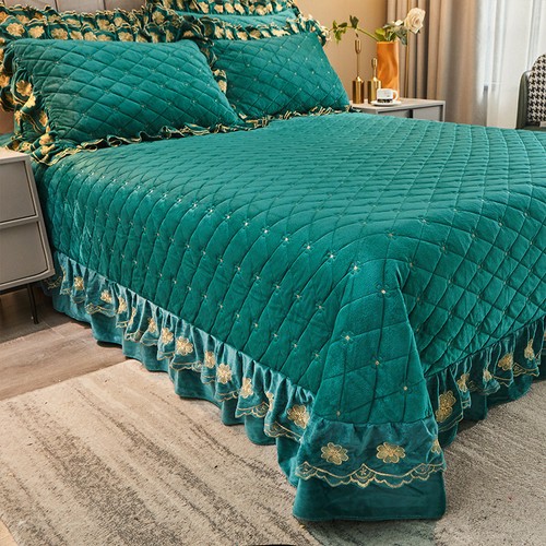 Embroidered Thick Crystal Velvet Bedspread Set Quilted Queen King Size Coverlets - Picture 41 of 68