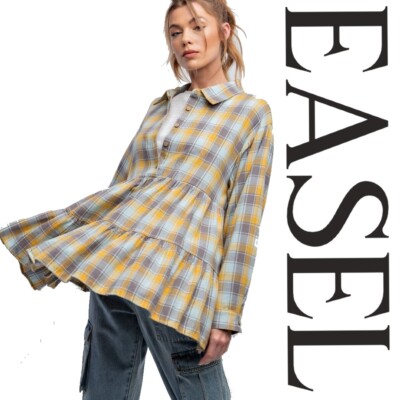 SML EASEL YELLOW/MOCHA PLAID PRINTED BABYDOLL TIER TUNIC BUTTON DOWN SHIRT BHCS