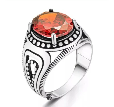 Bague Chevalière Homme Argent Massif 925 Serti Pierre Zircon Rond Facette Rouge - Photo 1/2