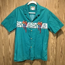 Paradise Found Hawaiian Shirt Men's Large Tropical Parrot Birds Floral Blue