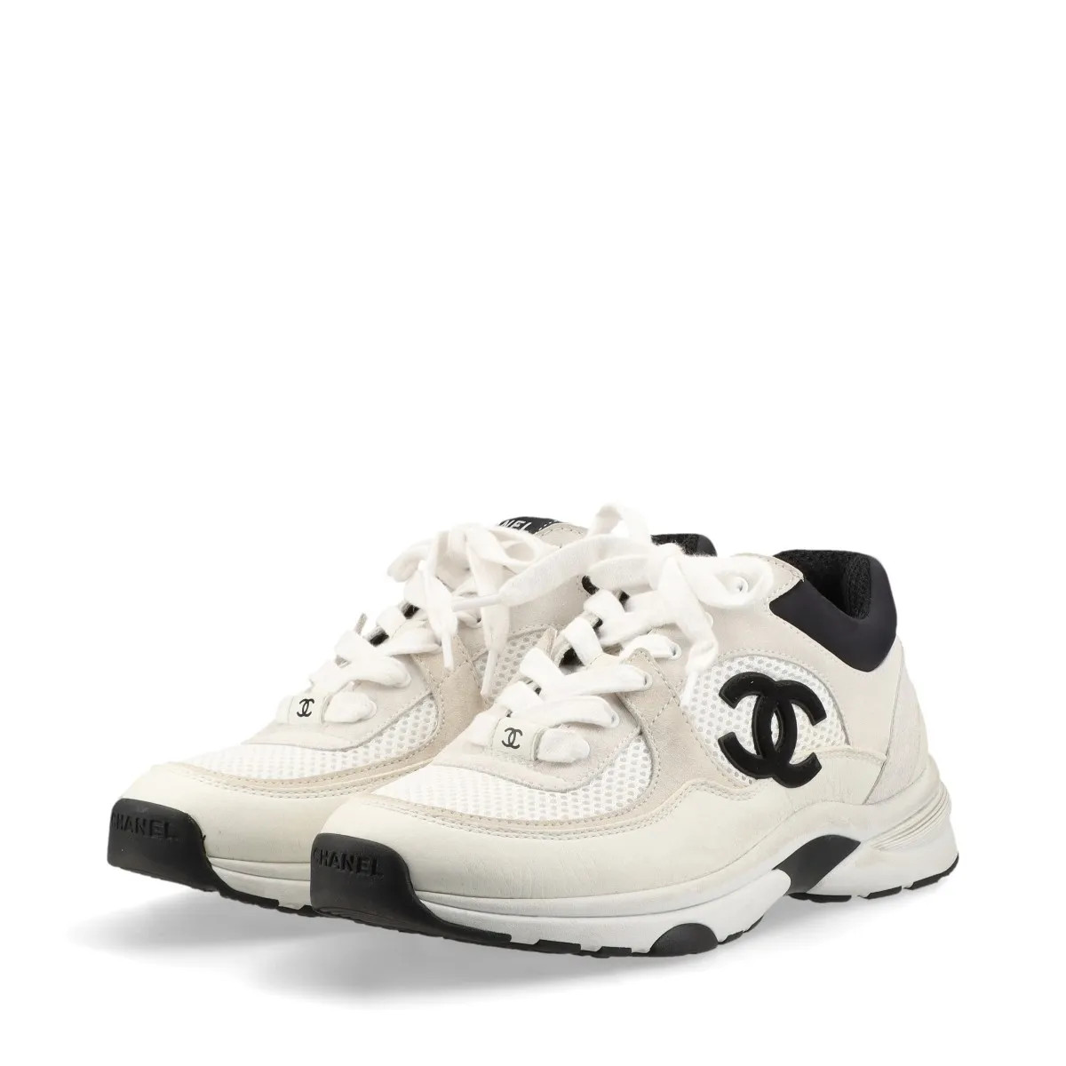 Chanel Coco Mark Leather x fabric Sneakers 37 Ladies' White x black G38299 Mesh thumbnail 5