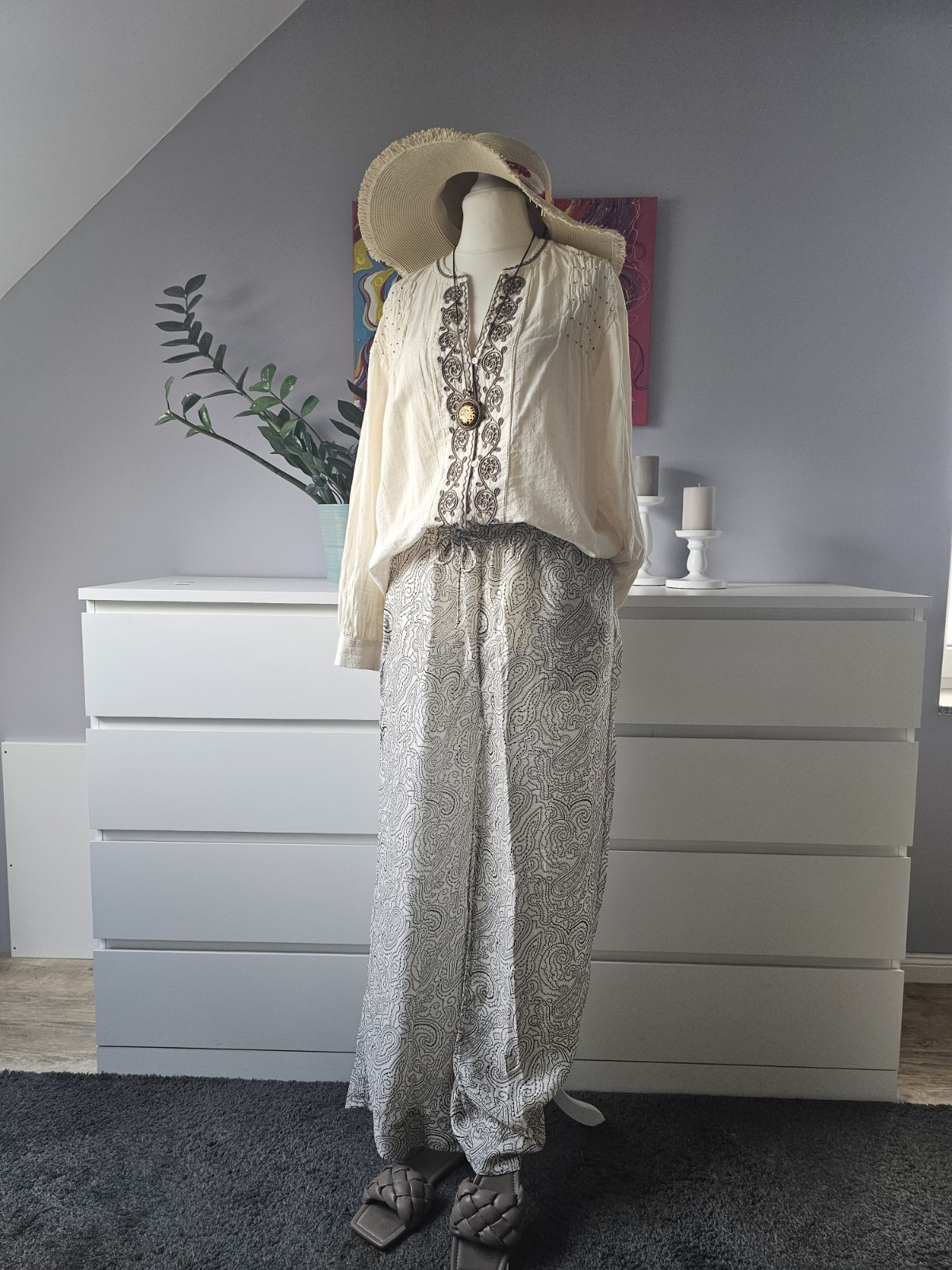 Luftige weite Hose Leinen Anteil Paisley creme braun M 38 40