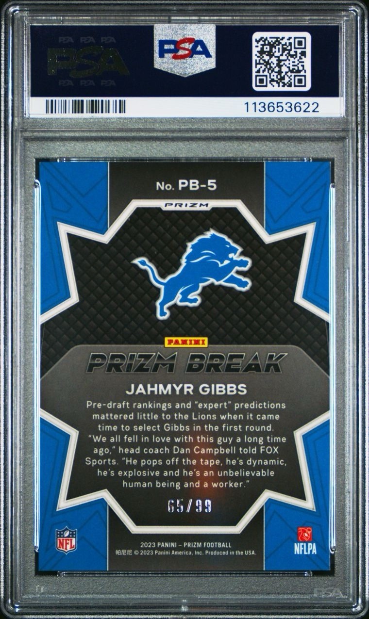 Jahmyr Gibbs (RC) PSA 9🔥Blue Ice Prizm /99🔥Color Match!!  2023 Prizm!! view 3