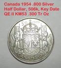 Canada 1954 50 Cents XF/AU .800 Silver 506k Minted - Key Date Elizabeth II KM53