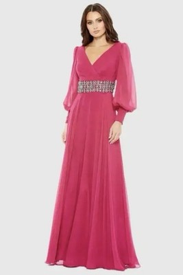 Mac Duggal 79390 Bishop Sleeve Wrap Belt Detail Flowy Gown Cranberry Size 8