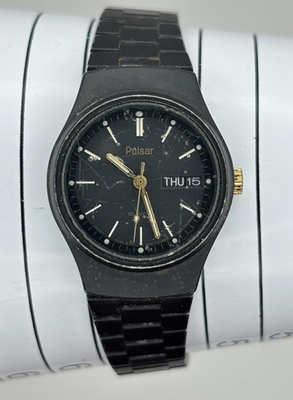 #ad #ad Vtg Pulsar Day Date Watch Black Dial Black Metal Band V248 0030 #2.18 $18.50