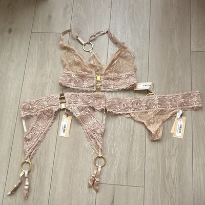 Aubade Women s XS Beige Floral Lace 3pc Lingerie Set Bra Thong Garter Gold Rings