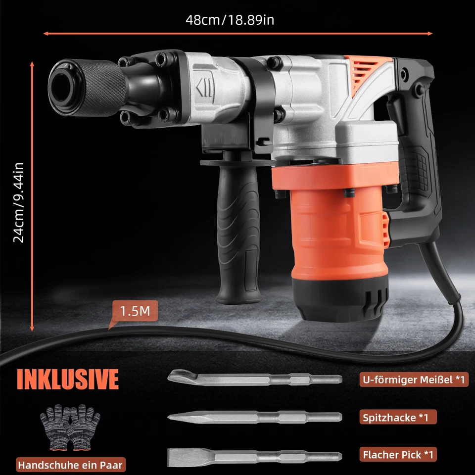 Elektro Abbruchhammer 2500W Stemmhammer 25J 3 Meißel-Set Schlaghammer Mit Koffer - Bild 3 von 4