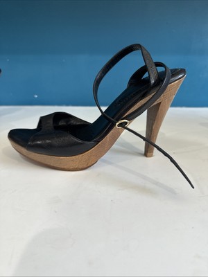 YSL Rive Gauche Black Leather Strappy Sandal Heels Size 37