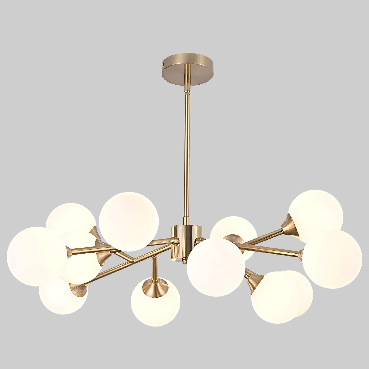 Mid Century 12-Light Gold Sputnik Chandelier with White Glass Globes