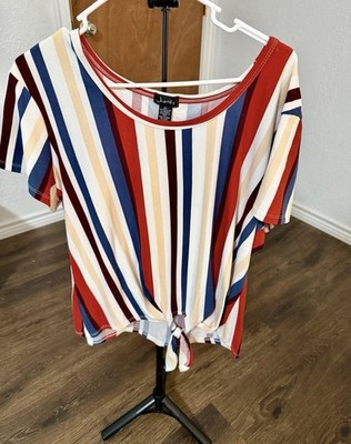 Justify 2X Red Blue White Beige Striped Scoop Neck Short Sleeve Tie Front Blouse