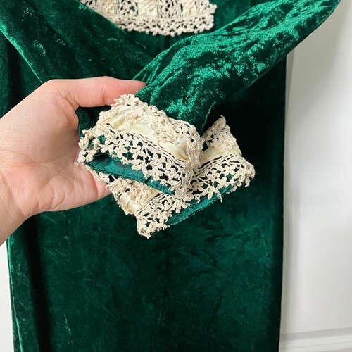 Vintage Green Velvet Victorian Dress 80s Handmade Lace Puff Sleeve Goth Whimsy - Picture 4 of 20