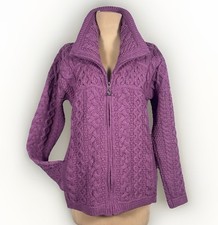 AranCraft Irish Fisherman Sweater Cardigan Zip 100 Wool Cable Knit S NWOT Mauve