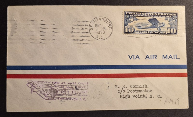 1928 First Flight Spartanburg SC High Point Airmail CAM 19 19N8 Air Mail Cover