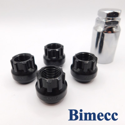 M12x1.5 60° Tapered Open Locking Alloy Wheel Nuts Bimecc Black Set of 4 + Key