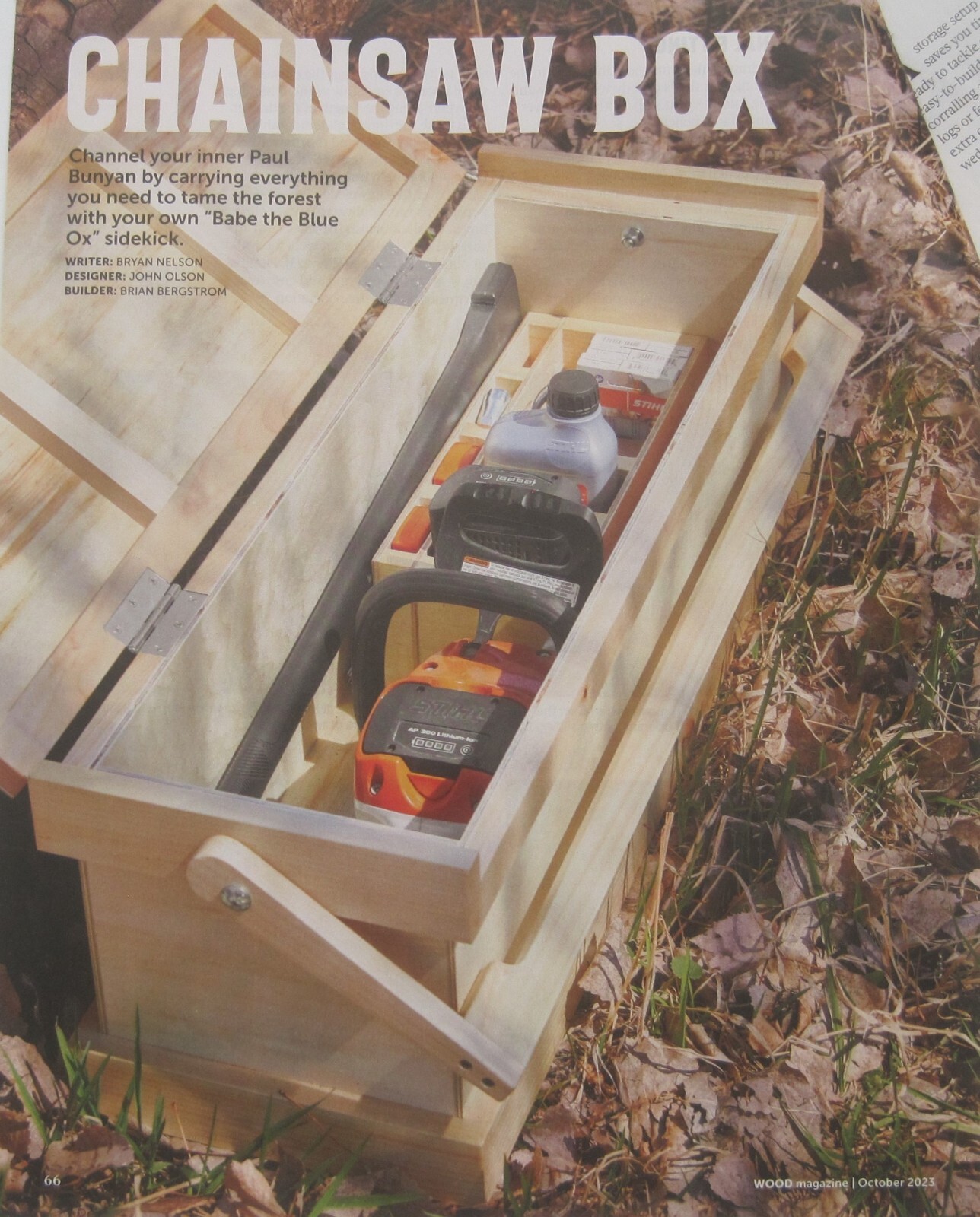 CHAINSAW STORAGE BOX WOODWORKING PLAN from WOOD MAGAZINE OCTOBER 2023