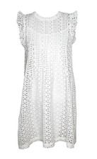 MADEWELL XS Dress White Eyelet Ruffle Sleeve Pintuck Shift High Neck Embroidered