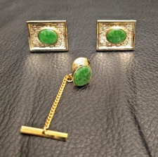 Vintage 1950s JML Gold Filled Sterling and Chrysoprase Cufflinks and Tie Tack