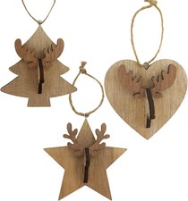 Assorted Wood Reindeer Christmas Ornaments Set of 3 Tree Star Heart Rustic