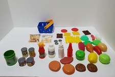 Large Vtg Lot of Play Kitchen Cooking Toys, Food, Cans, Utensils, Etc.