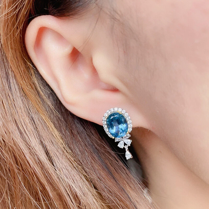 New Cute Design Oval Blue Topaz Mix Color Charming Women Stud Silver Earrings - Image 2 of 4
