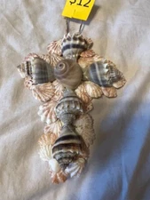 Wooden Cross Adorned With King Crown, Kitten Paw and Moon Snail Center 7" x 6"