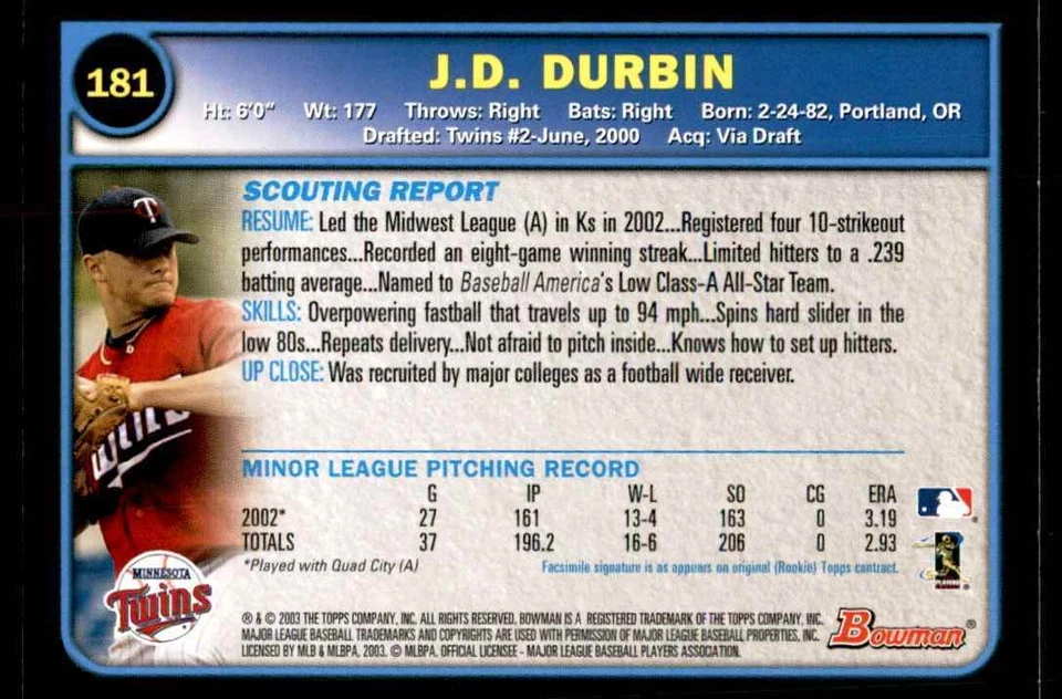 2003 BOWMAN J.D. DURBIN MINNESOTA TWINS #181 - Image 2 of 2