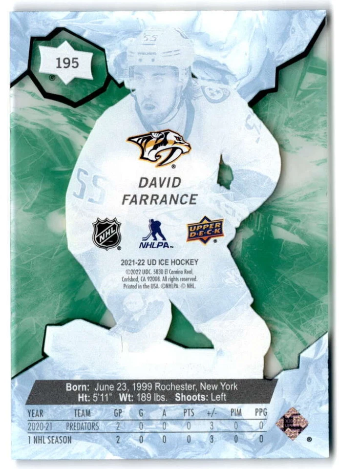 2021-22 Upper Deck Ice Green #195 DAVID FARRANCE RC /799 Nashville Predators - Image 2 of 2