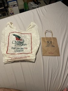 Lot Of 2 Christmas Tree Shops Tan PLASTIC PAPER SHOPPING BAGS RARE With Logo OOP
