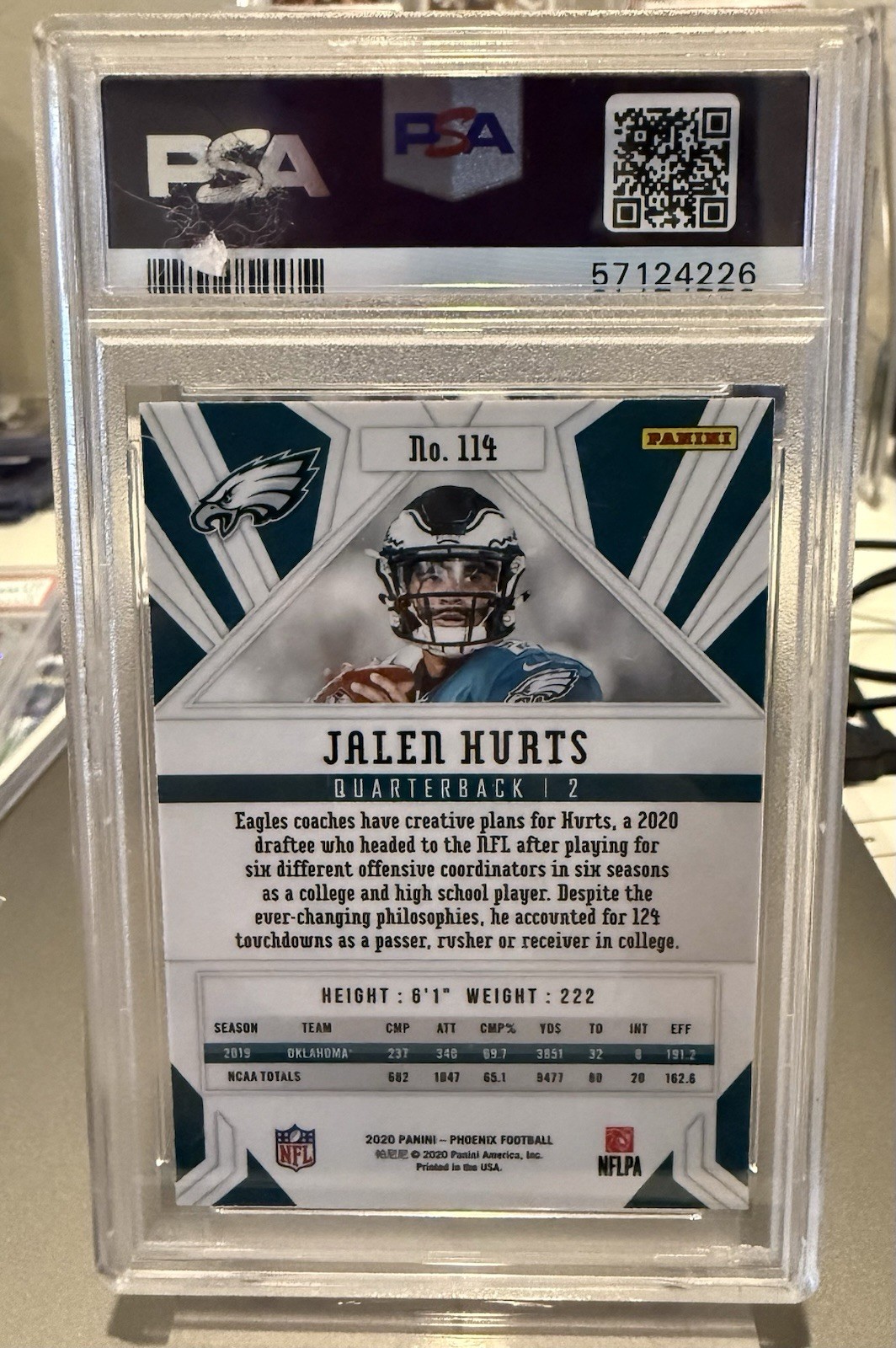 2020 Panini Phoenix Rookies Jalen Hurts Eagles Fire Burst RC #114 PSA 10 view 2