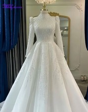 Muslim Wedding Dress Long Sleeve High Neck Beaded Lace Applique Bridal Gown
