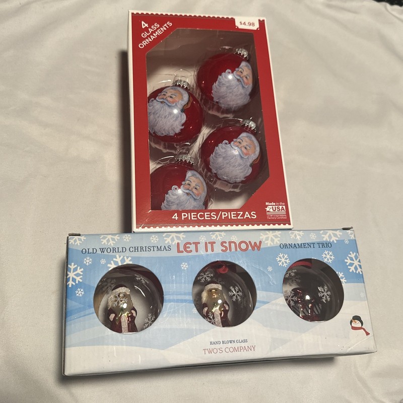 LOT OF 2 sets SANTA CHRISTMAS GLASS ORNAMENTS 