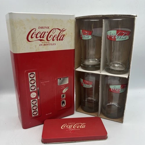 MTB-Vintage Coca-Cola Vending Machine Tin Set w/ 4 Coke Glasses & Display