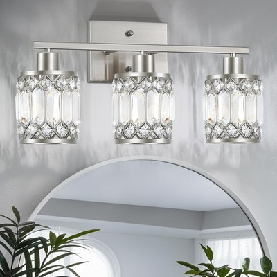 Crystal Modern Bathroom Light Fixtures, 3-Light Brushed Nickel Bathroom Vanit...