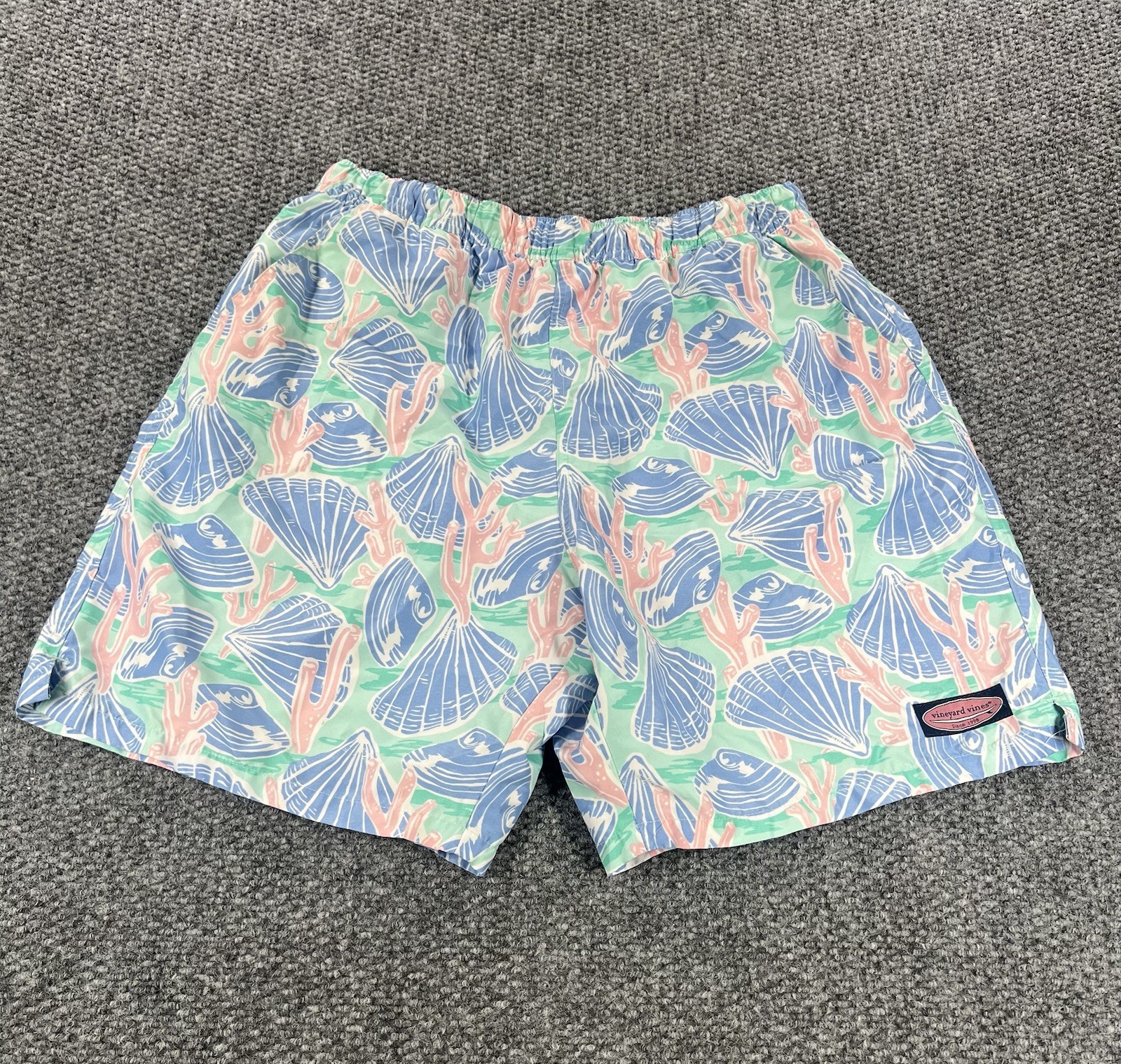 Vineyard Vines Swim Trunks Mens Medium Blue Sea Shells Beach Lined Drawstring