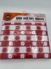 Vintage Red & White Tavern Check Woven Tablecloth with Floral Motif — listing 5