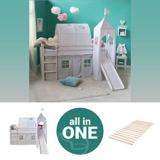 Cadre de lit superposé d'enfant 90x200 blanc mezzanine toboggan tour Homestyle4u