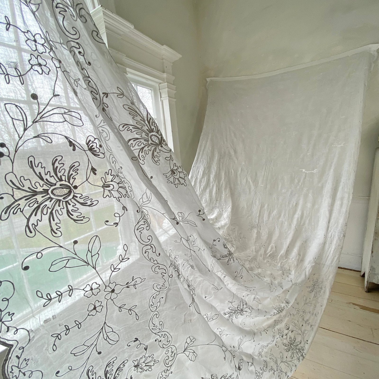 Antique Tambour Lace Sheer Curtain Panel 1800s White Lacework Cotton Large Scal