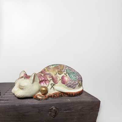 VTG  Hand Painted Porcelain Sleeping Cat Figurine Floral Oriental Accents China