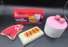 4pc Lot Vintage Wooden Play Food Pretend Kitchen Toy Bread Cake Meat Waffles 70s