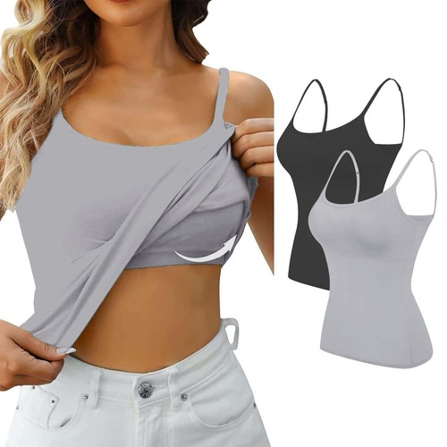 2PCS Women's Camisole with Built in Shelf Bra Adjustable Strap Vest Comfort Tops - Picture 28 of 99