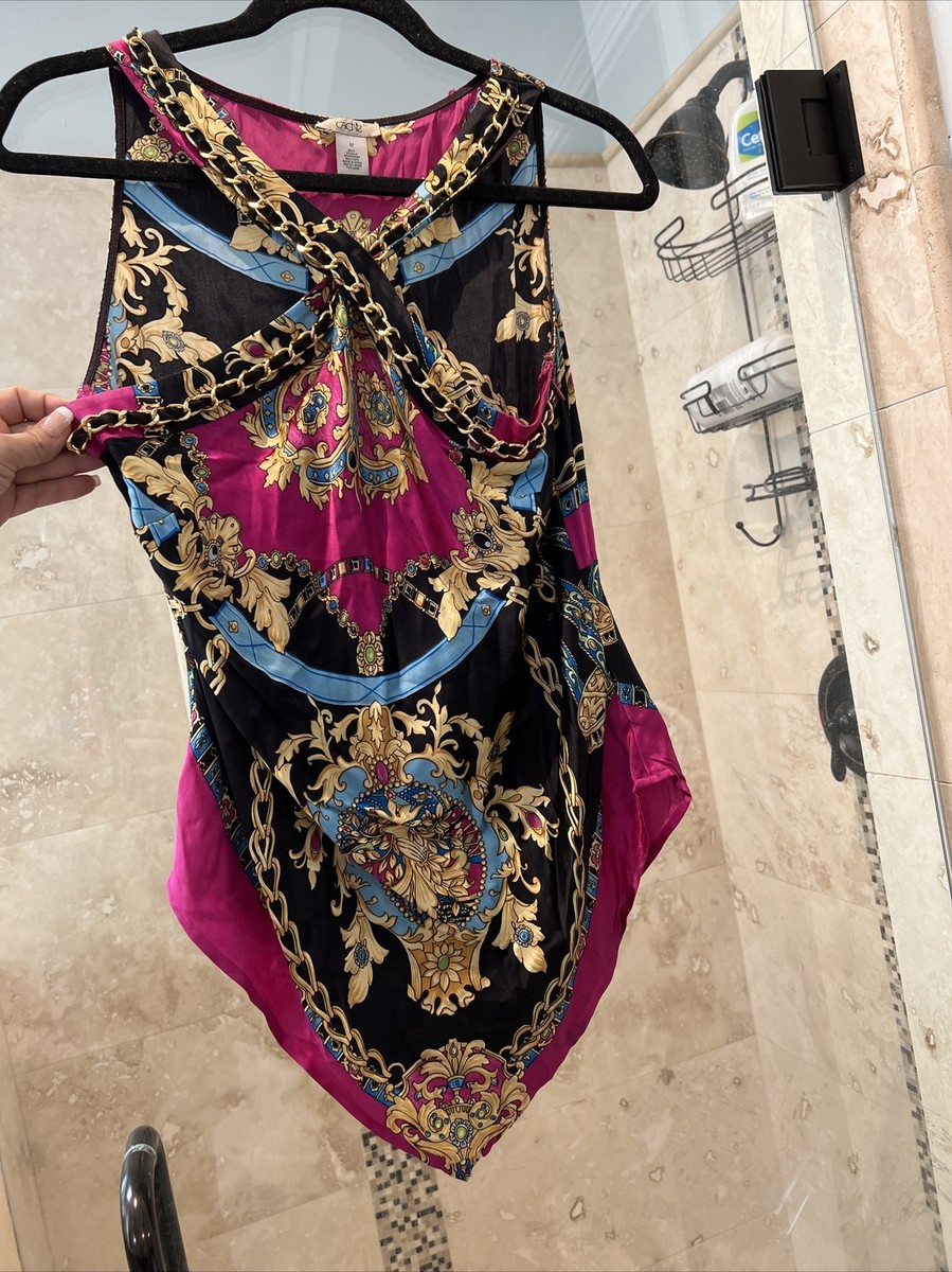 CACHE Halter Top M Medium Gold Chain Floral Print Top Silk