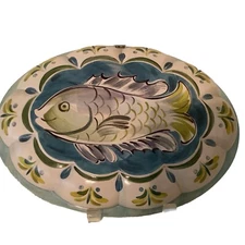 Oval Tin Jello Mold Fish Design With Hook 12 X 8.5” Vintage Blue Green