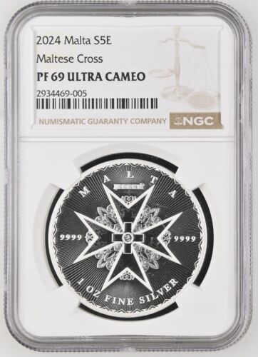 2024 Malta MALTESE CROSS 1oz Silver 5 Euro S5E Coin PF69 Ultra Cameo NGC